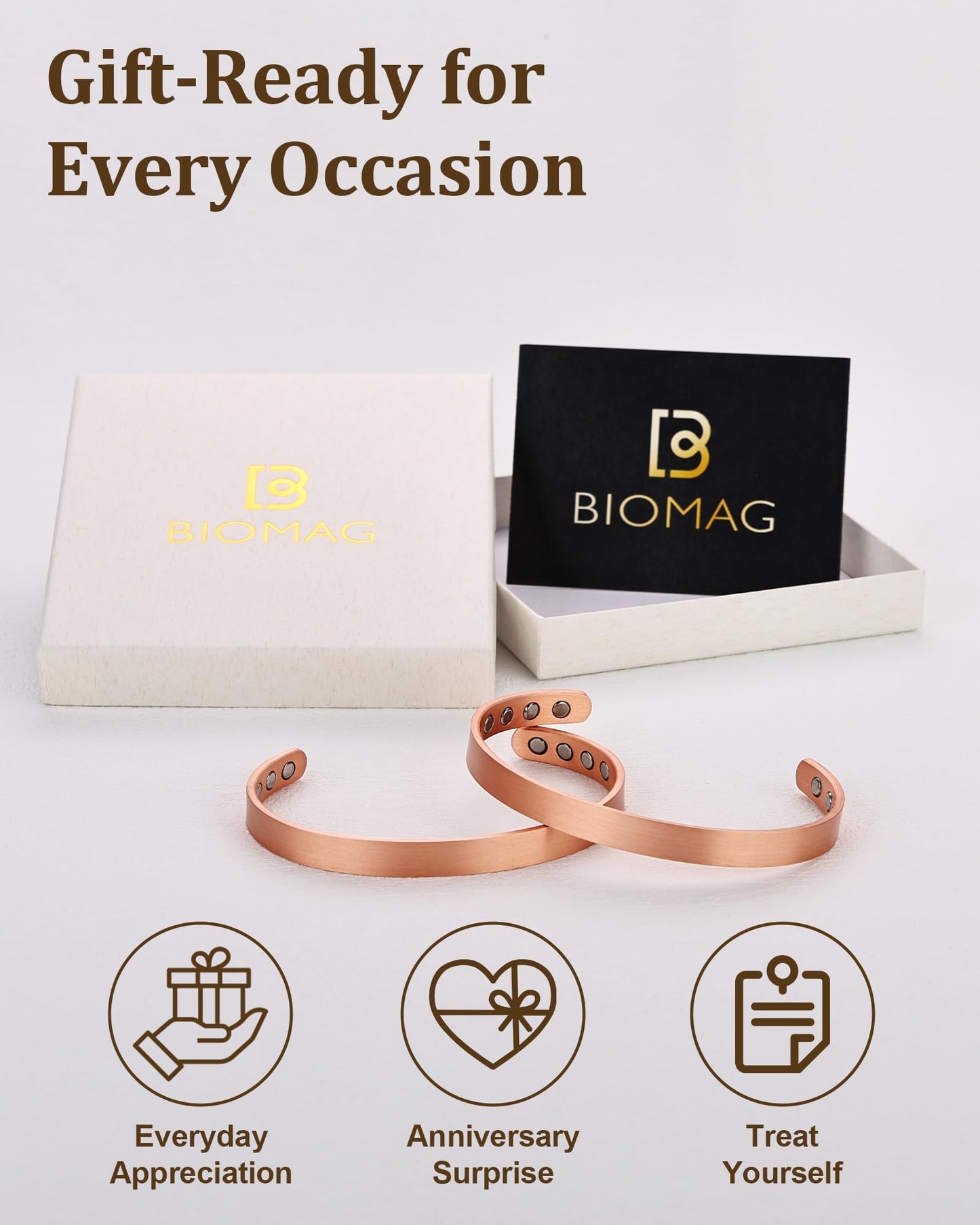 BioMag 2Pcs 99.99% Copper Bracelet for Women, Adjustable Magnetic Bracelets Bangle Cuff with 3500 Gauss Magnets, Jewelry Gift (Copper)
