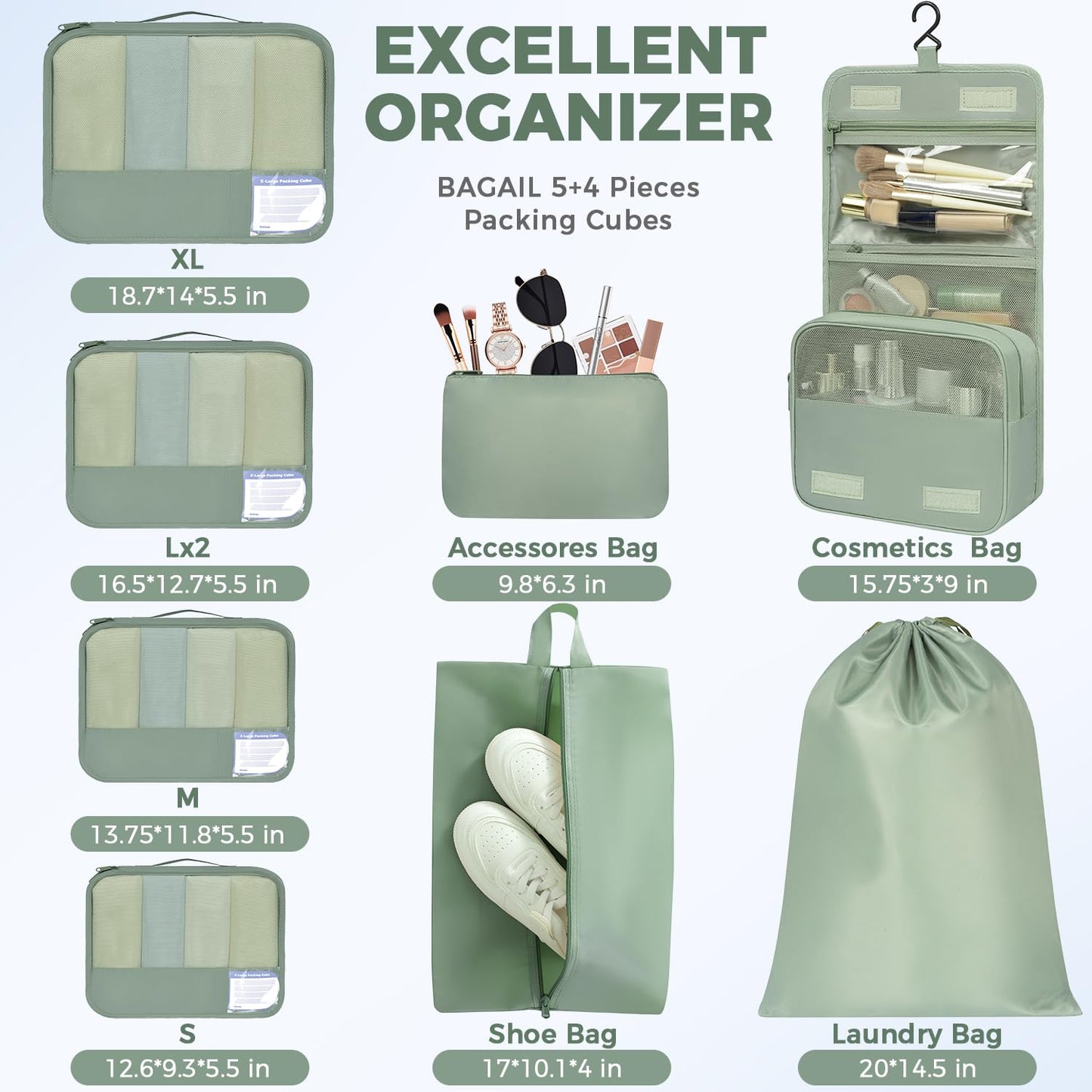 BAGAIL 9 Set Packing Cubes with Packing List Luggage Packing Organizers for Travel Accessories (Matcha Green)