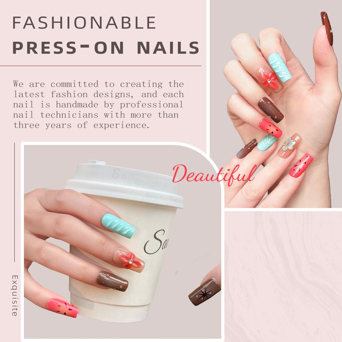 Luxury Handmade Press-On Nails - Vintage Brown 3D Floral Design, Long Coffin Acrylic False Nails | Reusable Fake Nails Kit（10PCS)