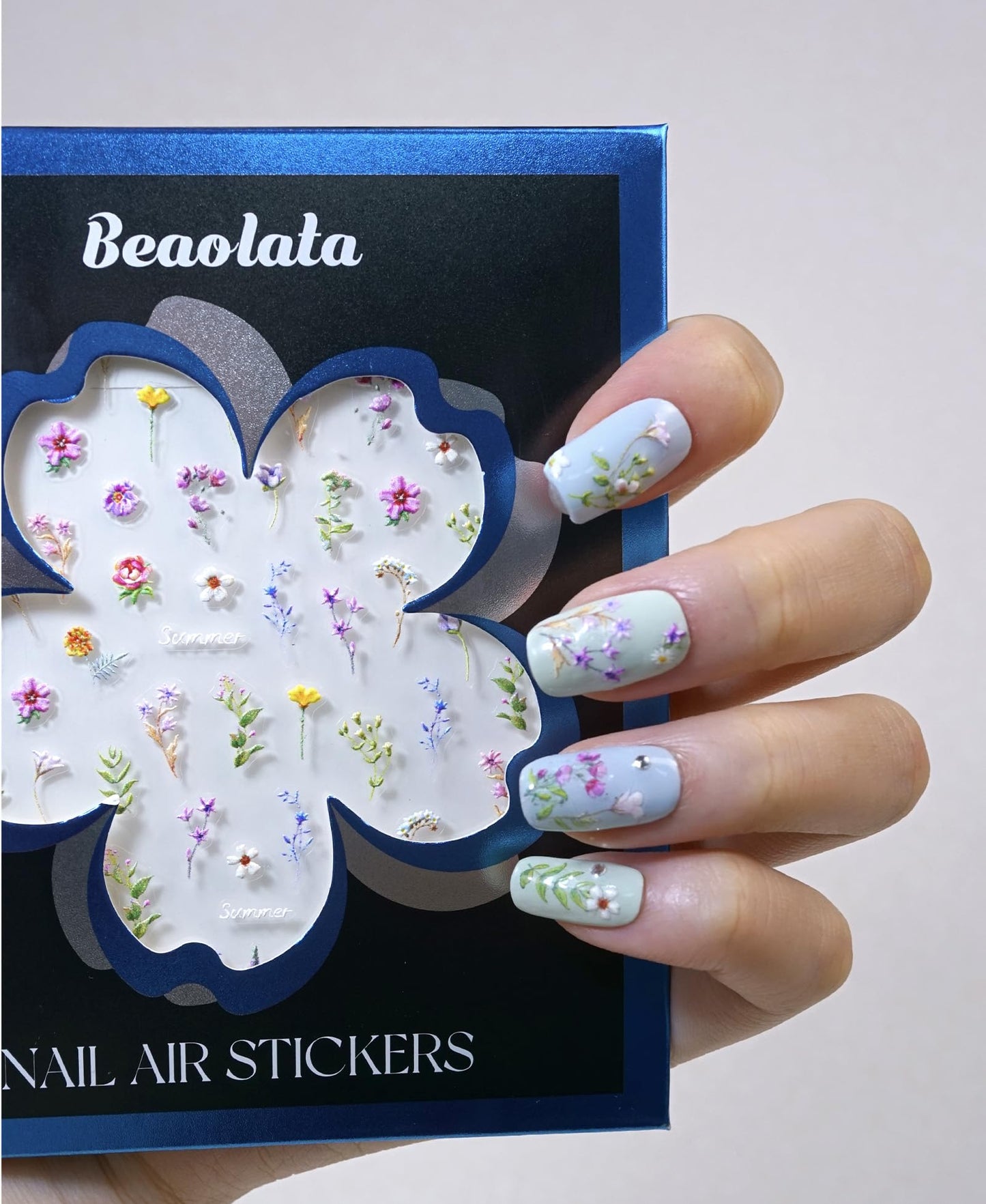 Beaolata Flower Nail Stickers for Nail Art - 3 Sheets 5D Embossed Iridescent Floral Trio Leaf Plant Designs Self-Adhesive Nail Decals for Women Manicure Salon Nails Art Decoration