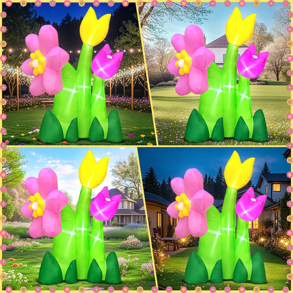 6FT Spring Easter Inflatable Flowers Outdoor Decoration Inflatables 3 Flowers Blow Up Inflatable Decoration Built-in LED Lights for Spring Easter Holiday Garden Lawn Party