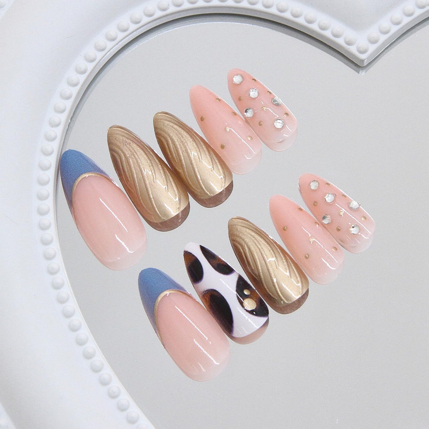 IMRAIN Medium Almond Press on Nails - Golden Chrome & Amber Pattern Designs, French Tip Handmade Glossy Glue on Acrylic Fake Nails Full Cover Fall False Nails for Women 24Pcs