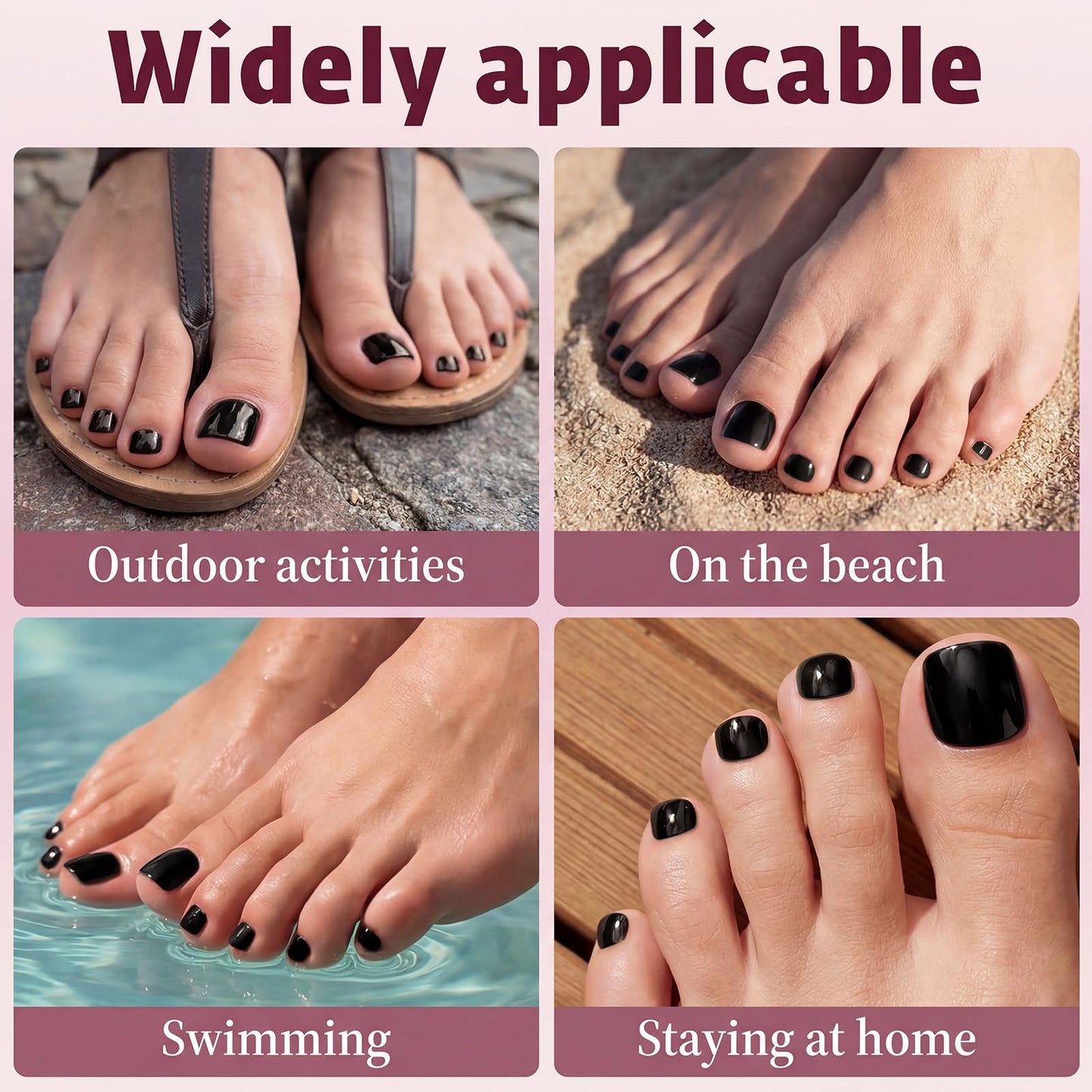 120pcs Black Press on Toenails for Women,Short Square Fake Toe Nails,12 Sizes False Toenails with Nail Glue and Adhesive Tabs