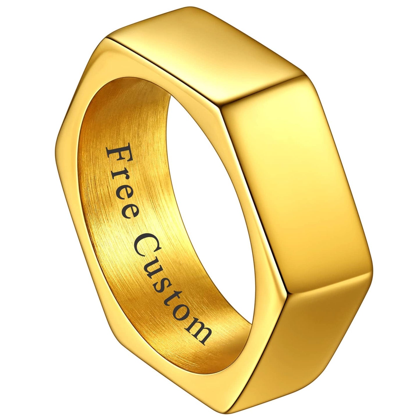 ChainsHouse Personalize Simple Band Rings 18K Gold Plated Geometric Hexagon Biker Ring for Men Women, Size 12