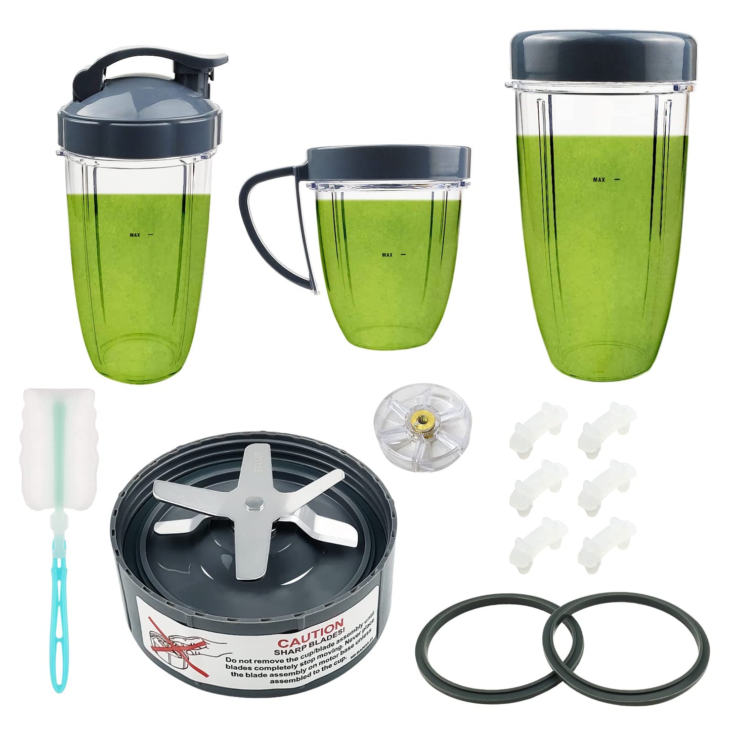14 PCS Blender Extractor Blade and Cups for NutriBullet 600w and 900w Series, Replacement Parts Gasket Shock Pad and Gear(1 Blade, 3 Cups,1 Lids)