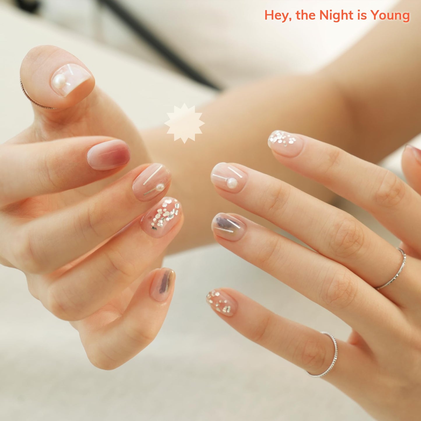 Heyhae Semi Cured Gel Nail Strips | No LED Lamp Needed | Glam, Pink, Spring | Easy Apply & Remove, Salon Quality | Includes 28 Strips, 1 Prep Pads, Nail File & Wooden Stick - Hey, The Night is Young