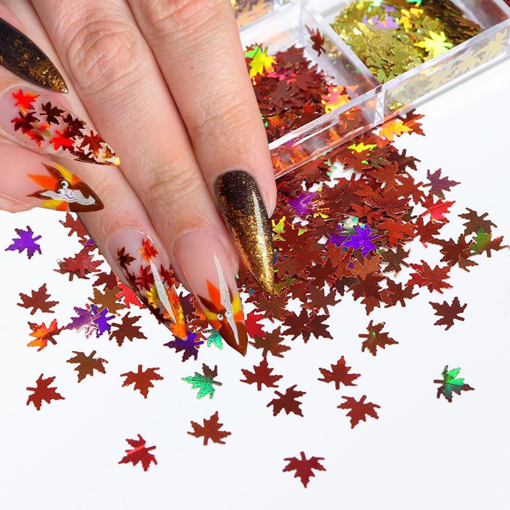 Fall Glitter Nail Sequins Maple Leaf Glitters Flakes 3D Holographic Laser Maple Leaves Shaped Nail Glitters Autumn Nail Art Stickers Decals Fall Nail Designs Sequin Confetti Glitter Leaves (6 Grids)