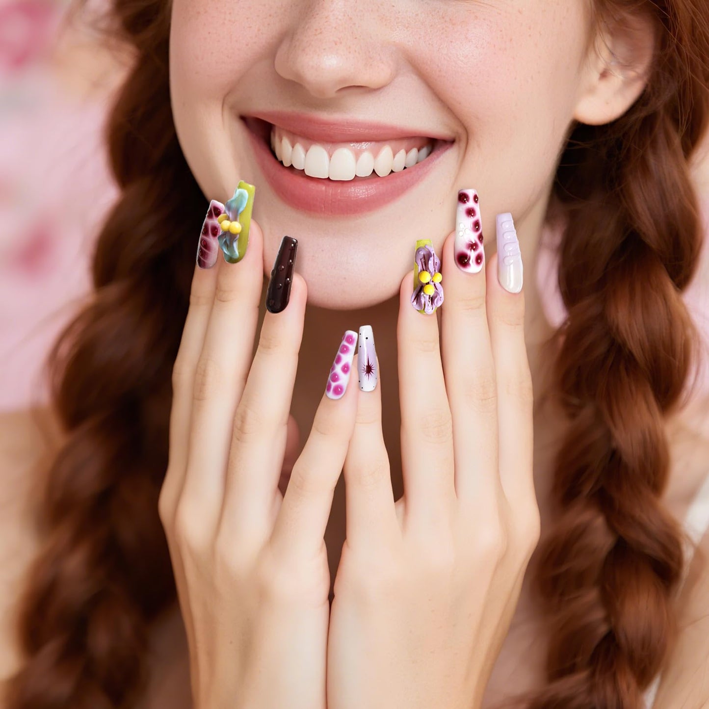 Vanpaga Flower Press on Nails Handmade Medium Long Square Muti-Layer Gel Fake Nails Gradient Floral 3D Waterdrop Pattern Design Multicolor Thick False Nails Acrylic Nails for Women