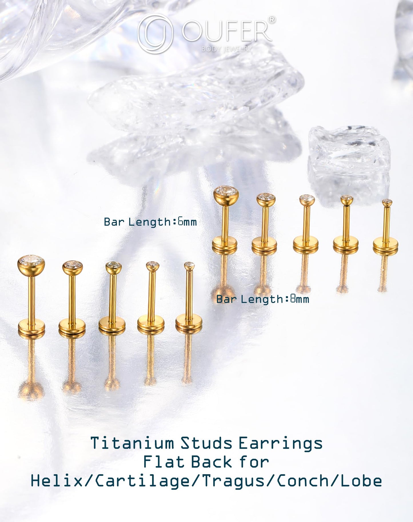 OUFER 2Pcs Nose Studs, 18G G23 Solid Titanium Threadless Nose Earrings Flat Back Tiny CZ 2MM Gold Nose Helix Cartilage Piercing Jewelry for Women Men-6MM