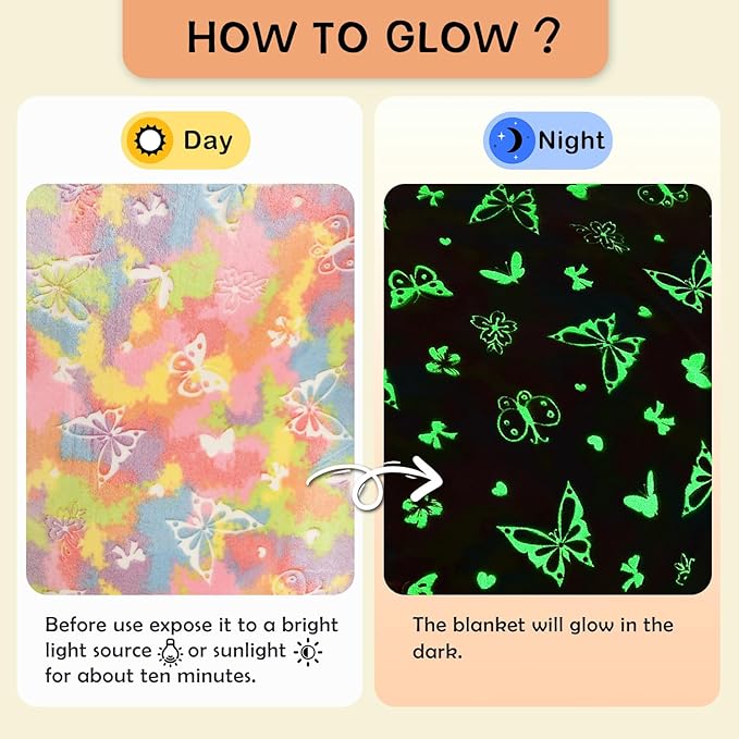 SOCHOW Butterfly Glow in The Dark Blanket Presents for Daughters, Toys for 3-10 Year Old Birthday Presents, Soft Cozy Flannel Throw Blanket for Preteens Teens, Yellow 50 x 60 Inches