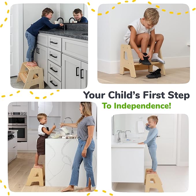 OCODILE 2-Step Wooden Step Stool for Toddlers | Kids Stool for Bathroom Sink & Kitchen Use | Non-Slip Step | Wooden Stool for Children Ages 2+ Years Varnished