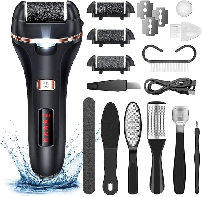 Electric Callus Remover for Feet,Rechargeable Foot File Hard Skin Remover,Waterproof 14 in1 Professional Pedicure Kit for Cracked Heels &Dead Skin,with 3 Roller Heads 2 Speed, Battery Display