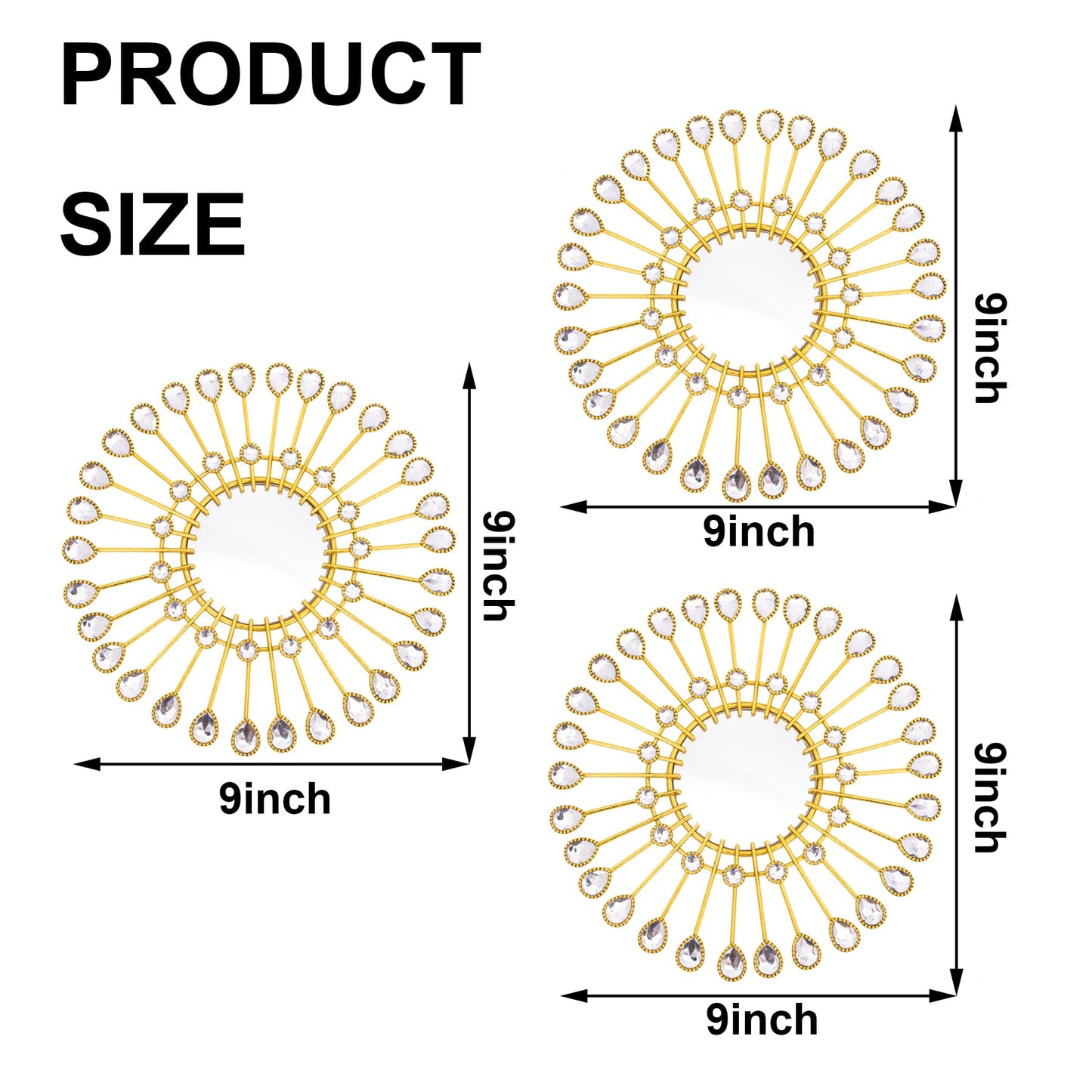Manortang Gold Mirrors - Sunburst Valentine Wall Art, Decorative Round Mirrors for Valentine Bedroom, Living Room, Bathroom, Kitchen, Entryway, Hallway - Set of 3