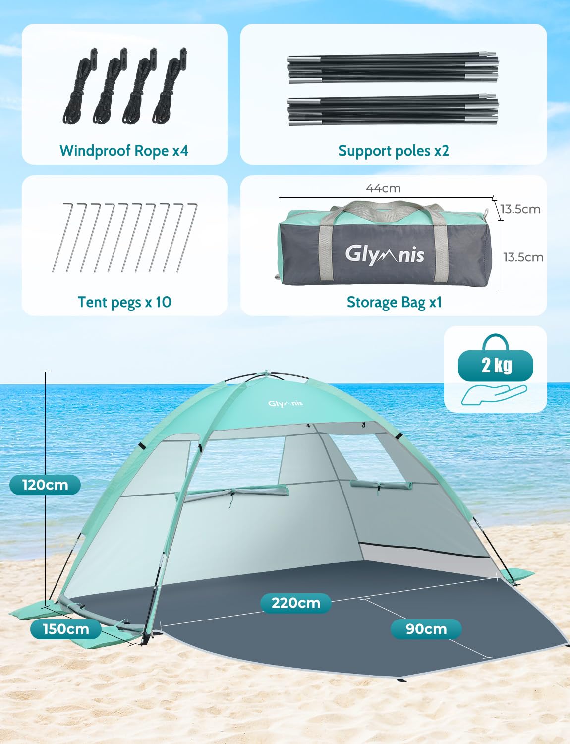 Glymnis Beach Tent Sun Shelter for 3 Person with UPF 50+ UV Protection, Lightweight & Easy Setup Beach Shade Canopy with Vent Windows & Zippered Door - Green