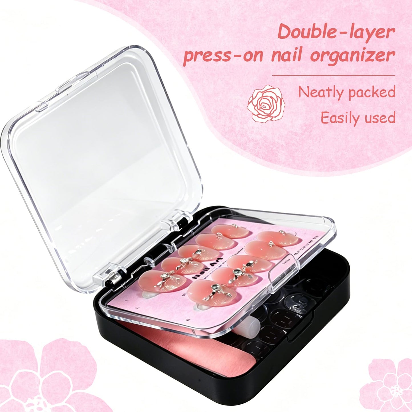 12pcs Press On Nail Packaging Box with 40pcs Nail Display Cards and 120pcs Adhesive Double Sided Tape,Nail Box Organizer Case Acrylic for Nail Salon Small Business(Black, 12pcs)