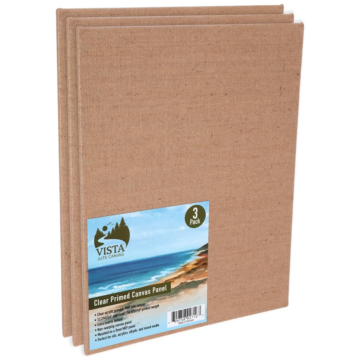 Vista Jute Clear-Primed Canvas Panels - 5"x7", 3 Pack - Blank Canvas for Traditional Oils, Eco Friendly, 100% Jute, Double Primed, Extra Coarse Texture, Ideal for Dry Brush and Impasto Techniques