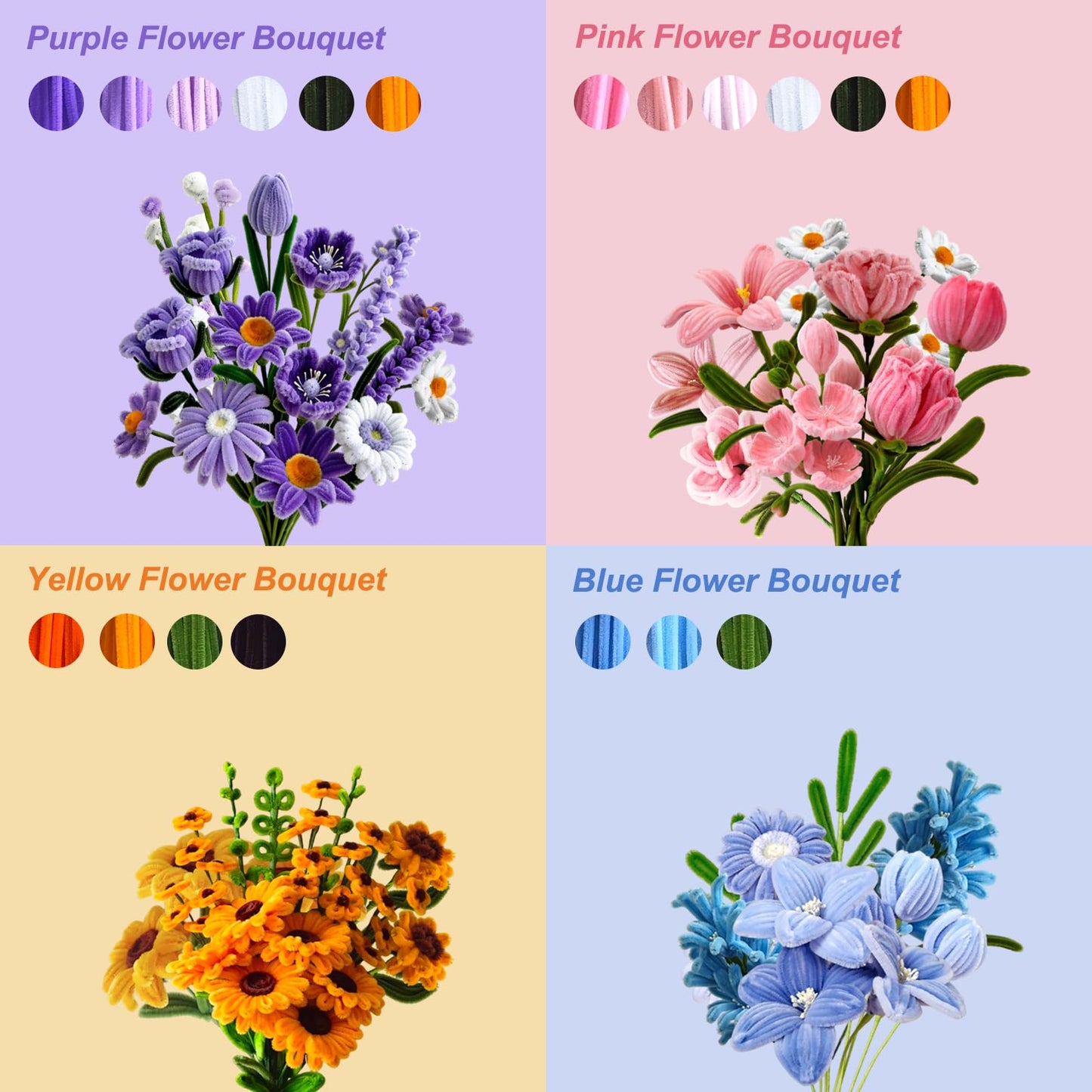 ShooBoo Pipe Cleaner Flower Kit, 700 PCS Pipe Cleaners Craft with 14 Flower Designs Step-by-Step Instruction Guide, 14 Colors Chenille Stems Flower Making Kit with Floral Stems,DIY Craft Supplies