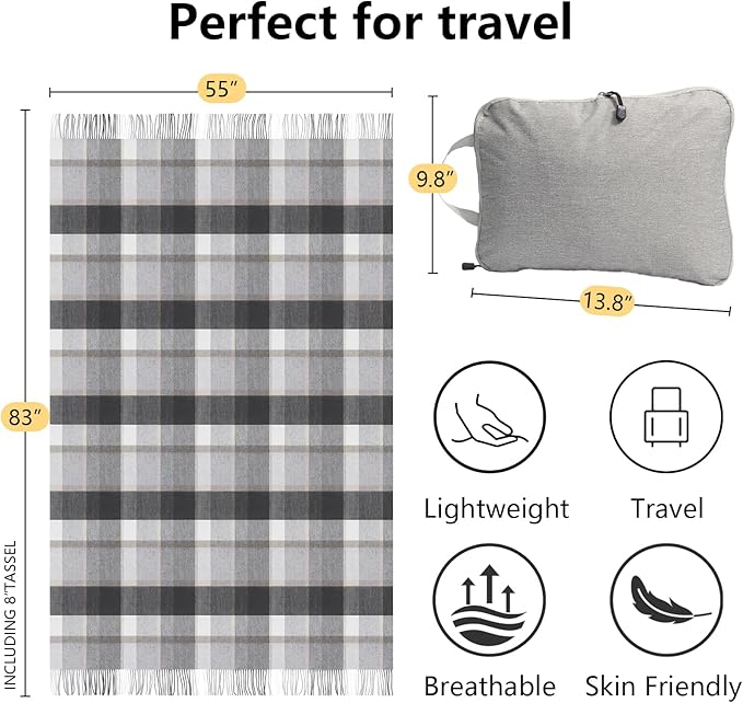 Throw Blanket Plaid with Carry Bag | Soft Wool Travel Blanket 55"x83" 1.5lbs | Gray and White Plaid Decorative Throw for Couch, Camping & Gift