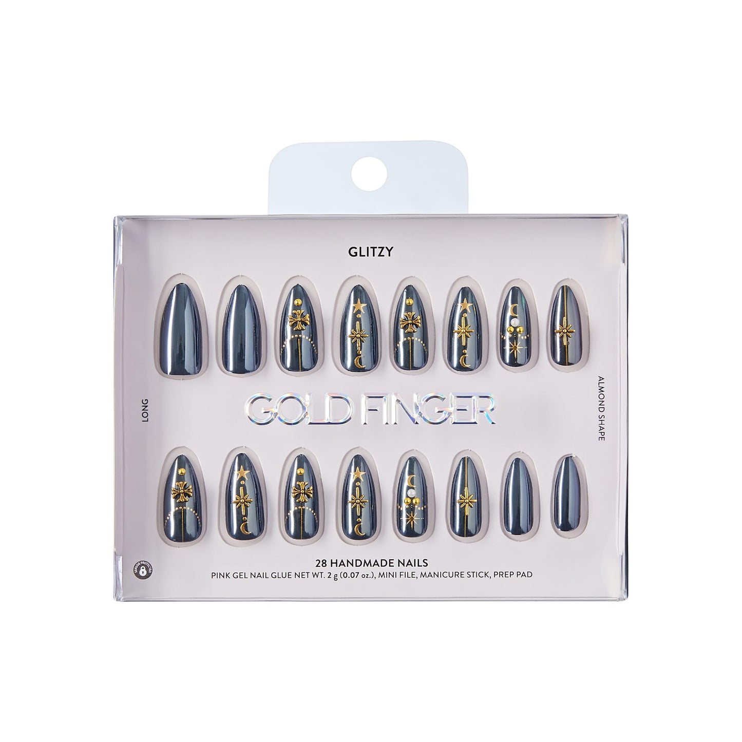 Glitzy 3D Handmade Press On Nail Kit, Rhinestone Gem Black Chrome Long Almond False Nail, Reusable & Lasts Up To 2 Weeks, Seamless Snug Fit Technology, Includes Glue, File & 28Pcs Manicure Set