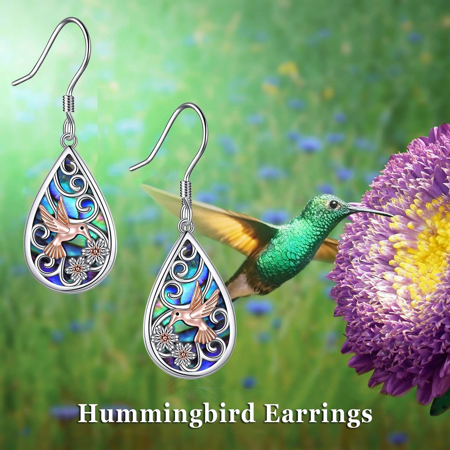 POPLYKE 925 Sterling Silver Hummingbird Earrings Teardrop Abalone Dangle Earrings For Women Hummingbird Jewelry for Mom