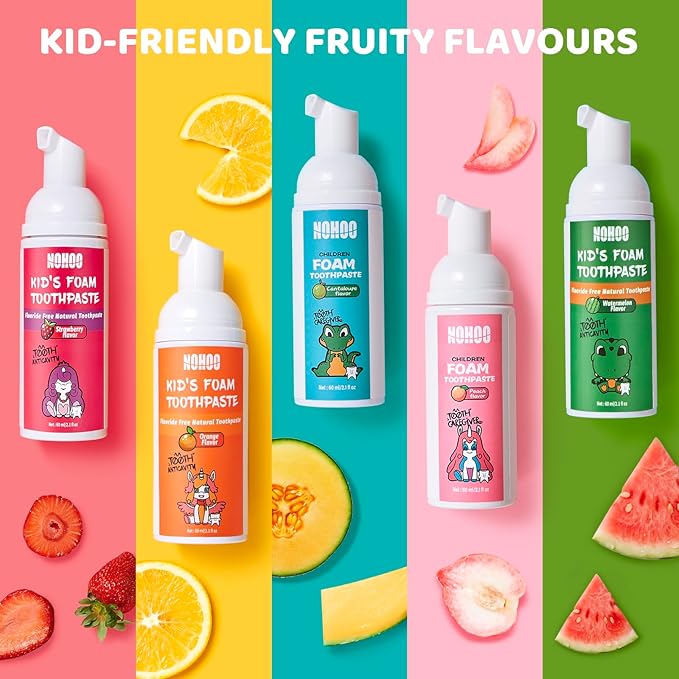 NOHOO Fluoride Free Foam Toothpaste Kids Fruit Flavour,Natural Training Toothpaste for Baby Toddler Children Oral Cleaning and Cavity Protection Strawberry Orange Cantaloupe Watermelon