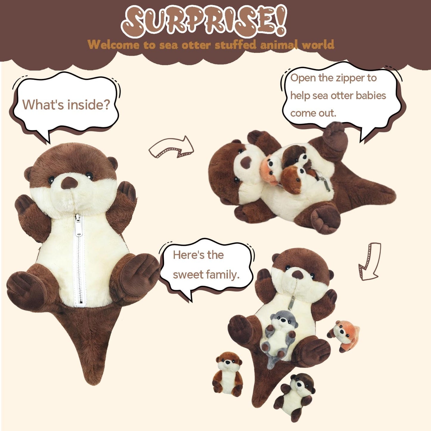 XYHQYB 5 PCS Sea Otter Stuffed Animals, Large Mommy Otter Plush with 4 Babies Stuffed Otters Inside, Soft Cuddly Otter Plushies Pillow Toy Gift for Kids Easter Birthday Christmas Ocean Party
