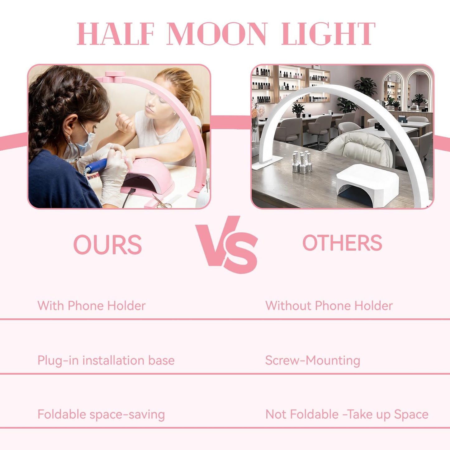 Kadden Foldable Large Half Moon LED Light for Table Nail Desk with Phone Stand, Upgrade Arch Light for Nail Techs with Wire Controller for Manicure Tattoo Beauty (Pink, Large)