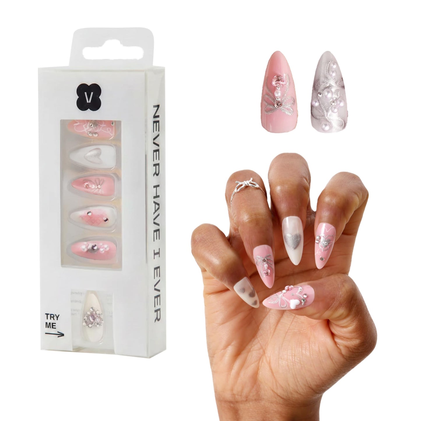 Never Have I Ever Hearts of Pearls Short Almond Press On Nails 24 Piece Soft Gel False Nails for Everyday Wear Reusable Comfortable Fit for Women As Seen on Shark Tank