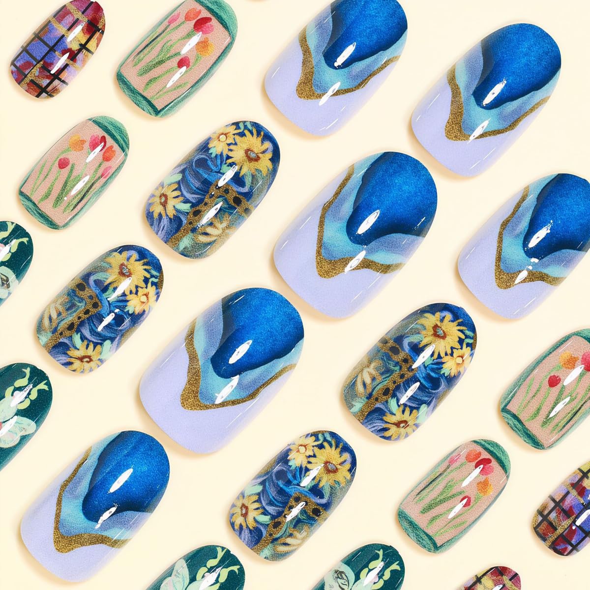 Short Press on Nails Oval - Starry Sky & Flower Design, Oil Painting Style Full Cover Glossy Fake Nails 24PCS for Women Manicure