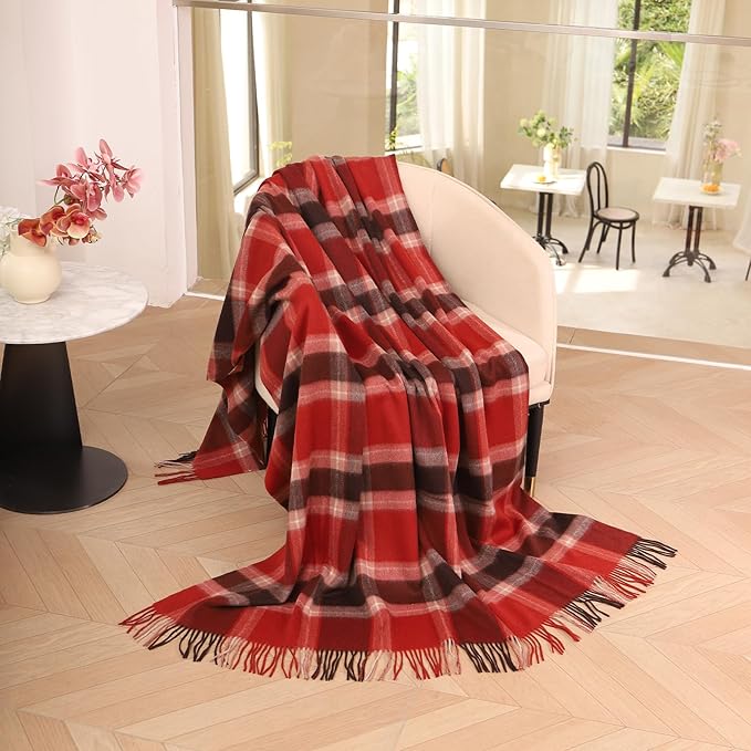 Throw Blanket Plaid with Carry Bag | Soft Wool Travel Blanket 55"x83" 1.5lbs | Red and Brown Plaid Decorative Throw for Couch, Camping & Gift