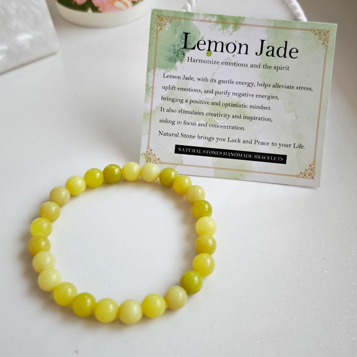 Handmade Natural Gemstone Elastic Bracelet - Healing Crystal Beads Jewelry, Unisex (Lemon Jade, 8mm)