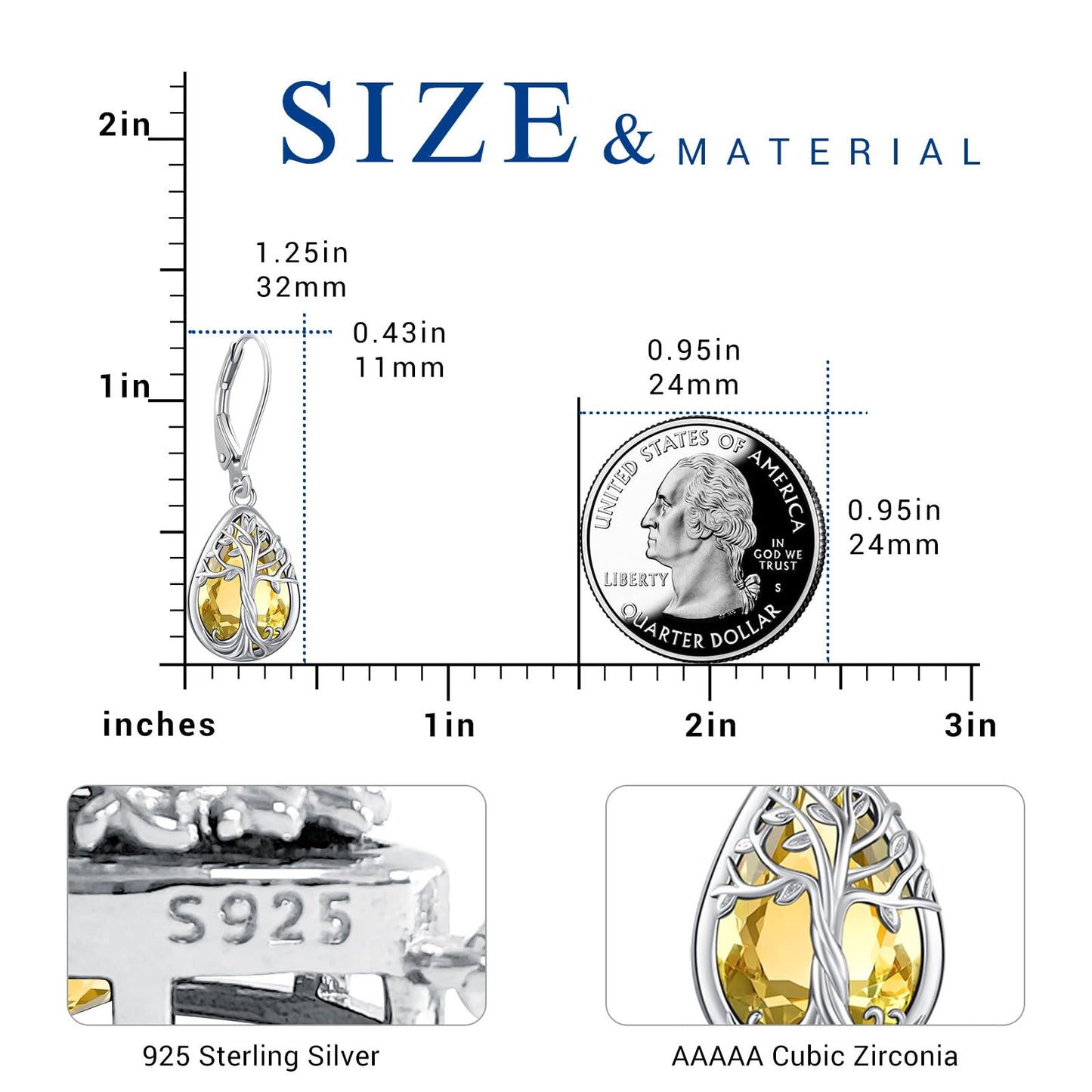 Eusense Tree of Life Dangle Citrine Earrings 925 Sterling Silver Teardrop Birthstone Earrings for Women Leverback Closure Tree of Life Jewelry Gift