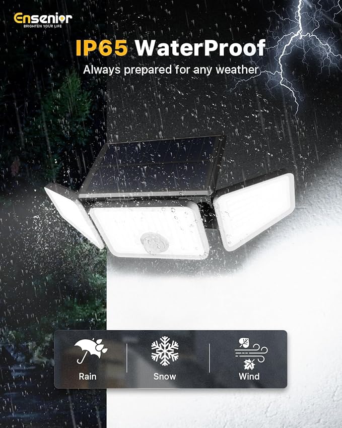 Ensenior Solar Lights Outdoor Motion Sensor, 2600LM 220 LED High Brightness, 3 Head 270° Wide Angle Flood Lights, Remote Control Security Lights 4 Modes, IP65 Waterproof Wireless Wall Light, 4 Pack