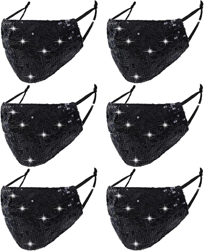 6 Pcs Washable Glitter Bling Women Face Mask. Breathable Reusable Adjustable Fashion Masquerade Facemasks With Pocket.
