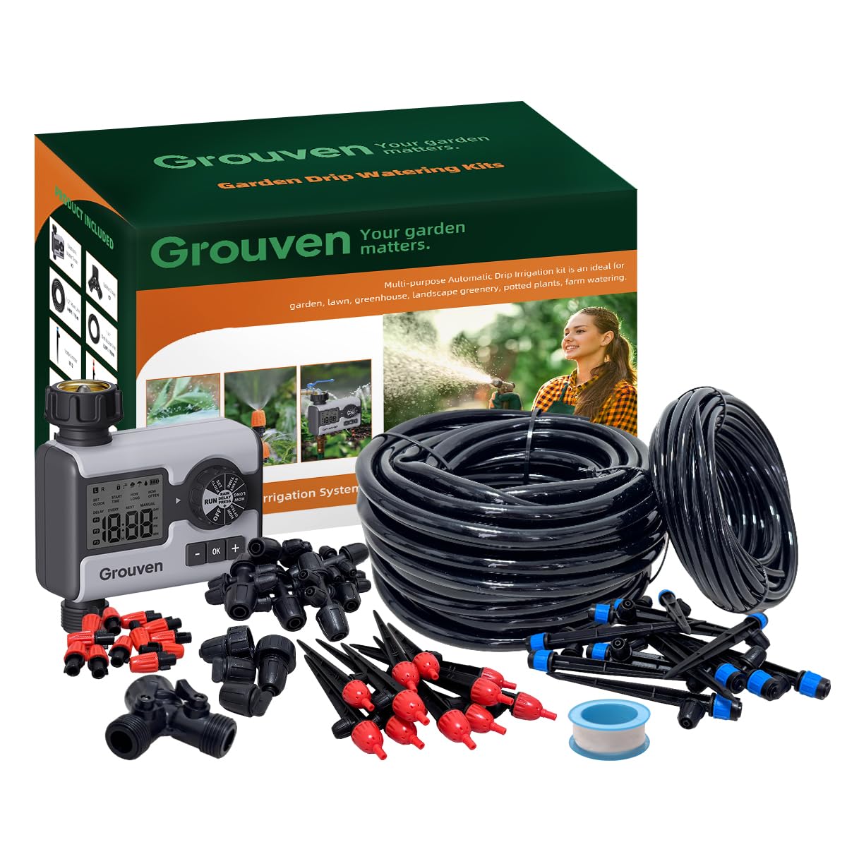Drip Irrigation System with Water Timer Quick-Connect Automatic Irrigation Kit with 1/2 inch Hose 1/4 inch Distribution Tubing and Accessories DIY Garden Misting System for Yard, Lawn, Patio