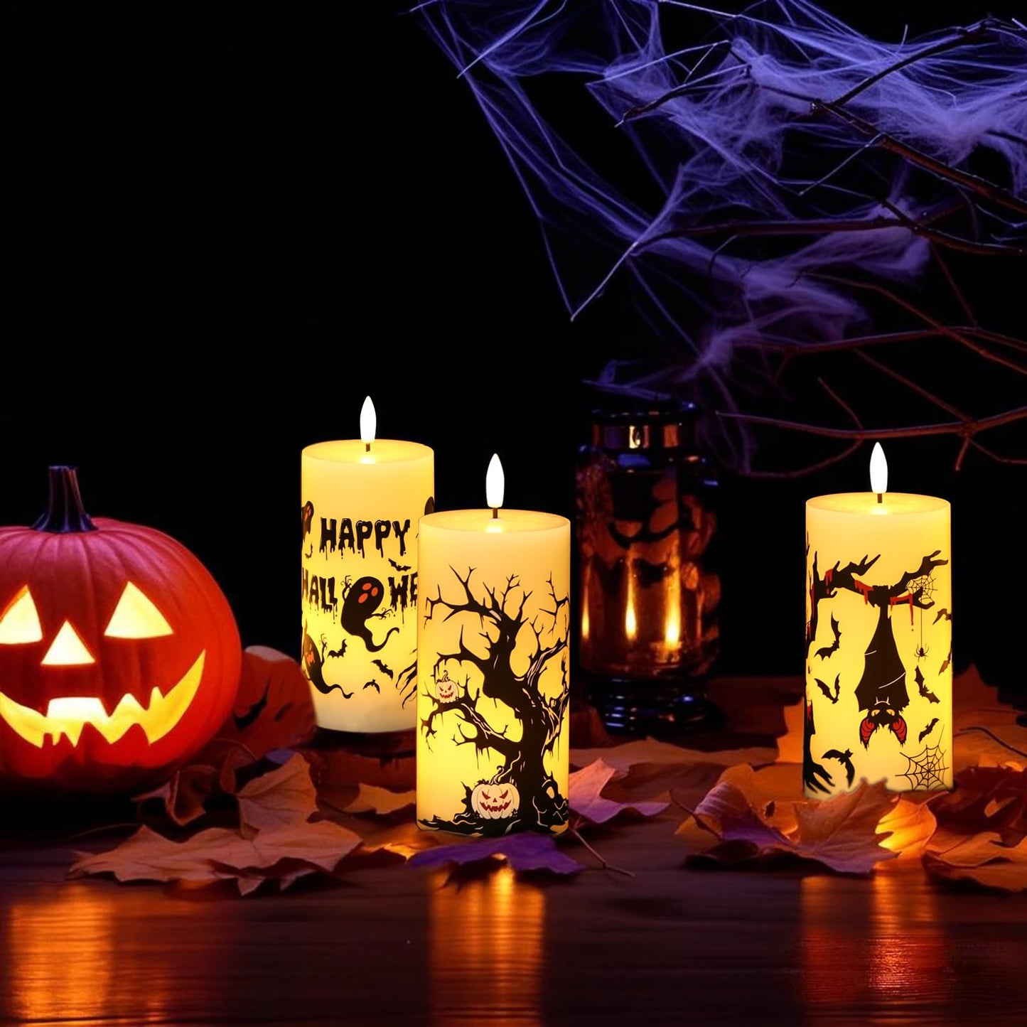 Lasumora Halloween Decorations Ghost Bat Flameless Halloween Candles with 6H Timer, Battery Operated LED Candles for Halloween Decor Indoor