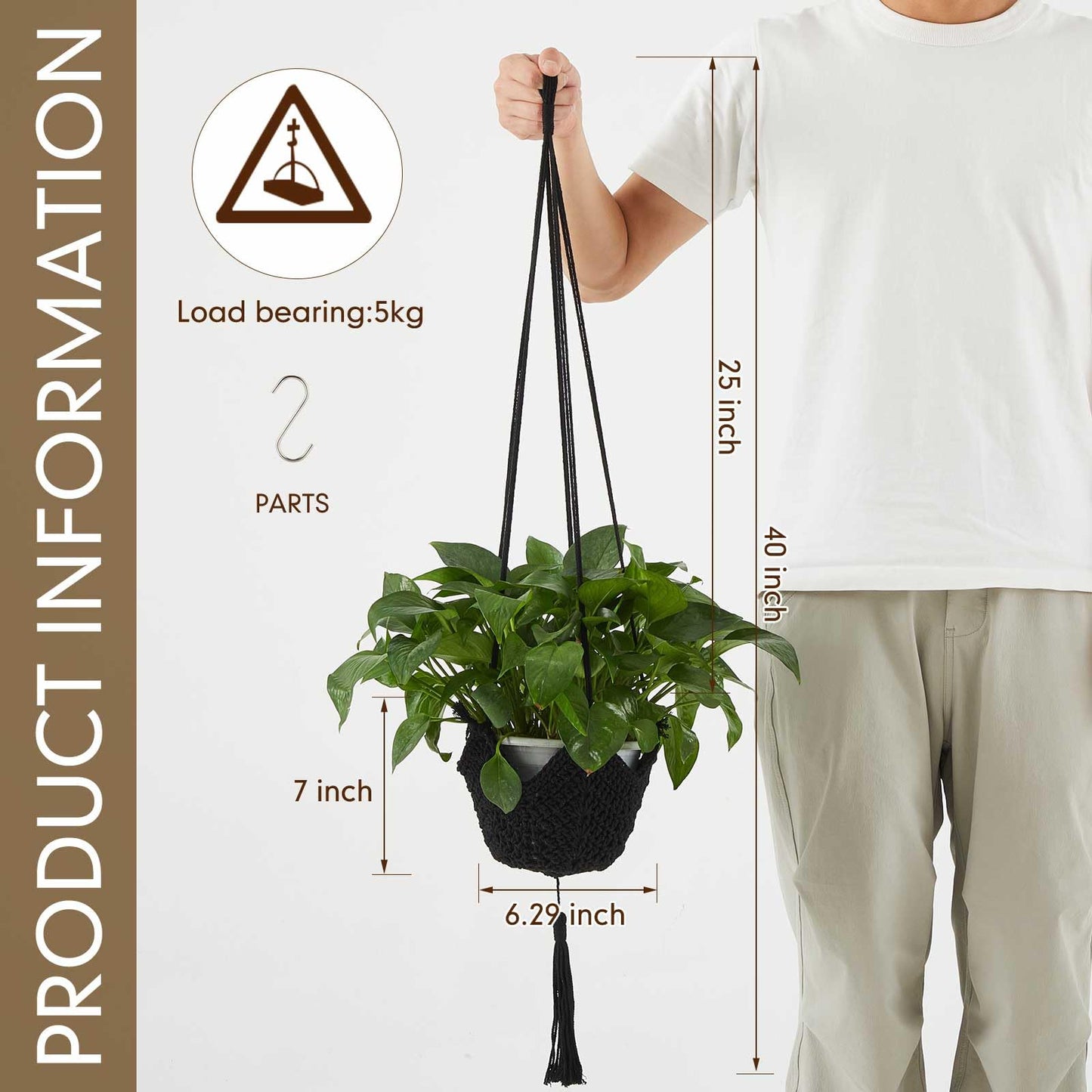 Shappy 1 Pack Jute Crochet Long Plant Hanger for 3 Inch to 12 Inch Pots, Macrame Plant Holder Rope with S Shaped Hooks for Halloween Home Decor (Black)
