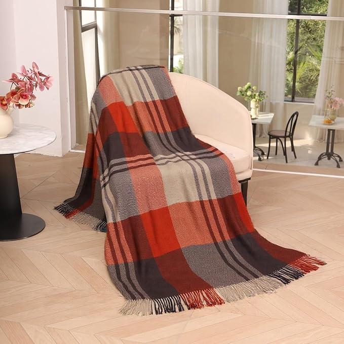 Throw Blanket Plaid with Carry Bag | Soft Wool Travel Blanket 55"x83" 2lbs | Red Plaid Decorative Throw for Couch, Camping & Gift