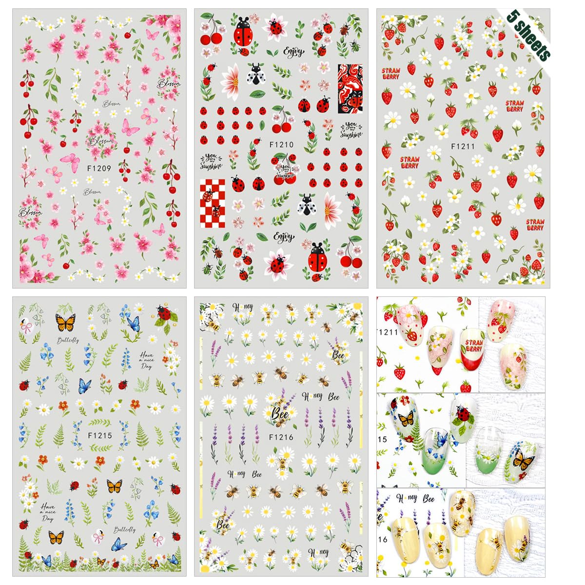 5 Sheets Spring Nail Stickers 3D Self-Adhesive Flower Nail Art Stickers Floral Nail Decals with Leaves Butterfly Ladybug Strawberry Bee Design for Women Spring Summer DIY Nail Decor