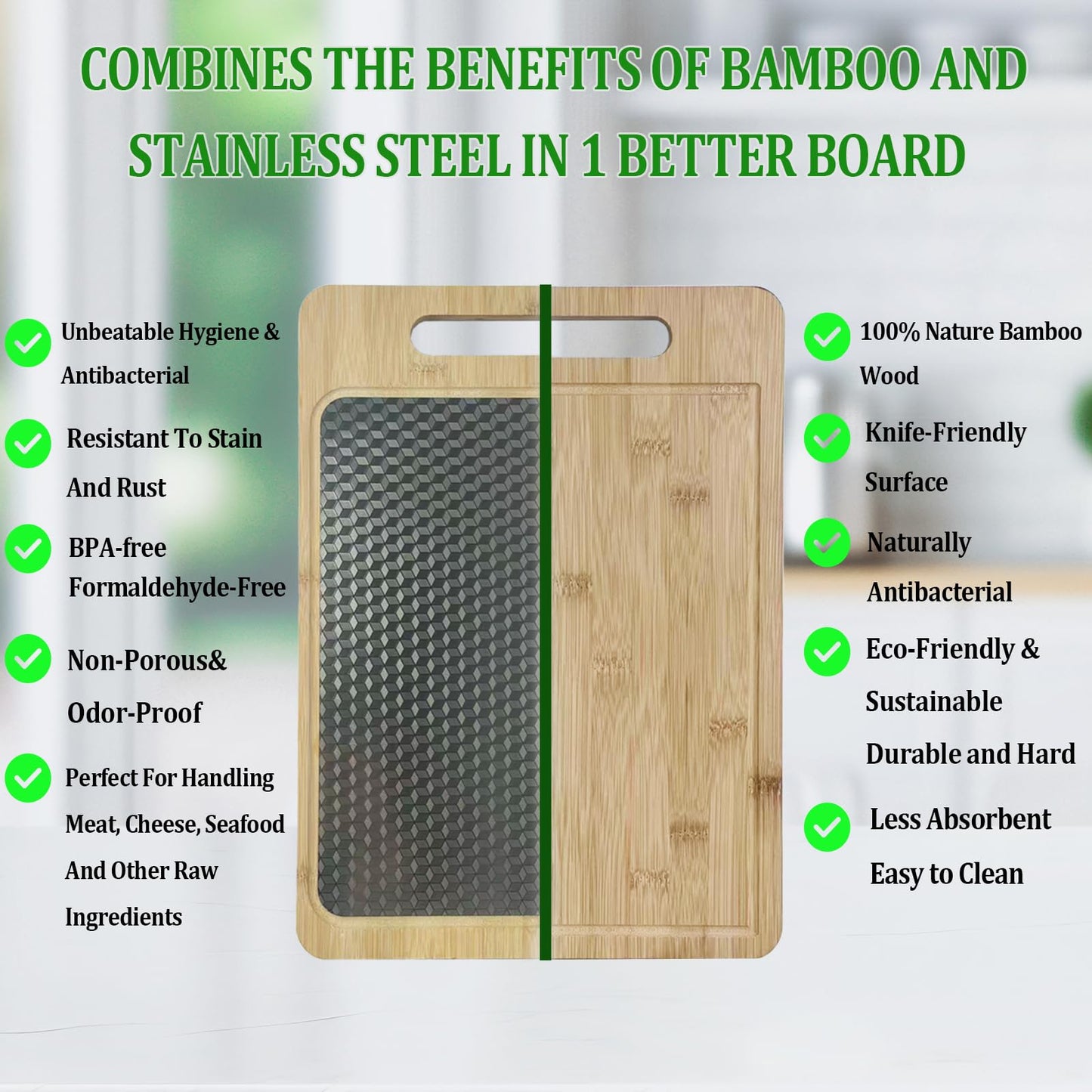 Double Sided Bamboo&Stainless Steel Cutting Board with Juice Groove and Handle, Non Toxic, Wooden Chopping Boards for Kitchen,Charcuterie Board,Ideal Gift for Housewarming(15”×11”Large YC)