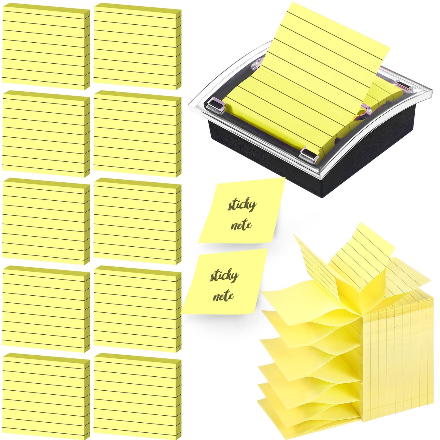 Thenshop 10 Pads Pop up Sticky Notes with 1 Pack Pop up Note Dispenser Note Holder Black Base Clear Top Self Stick Memo Ruled Adhesive Notes 3x3 Ruled Memo Pads Refills 100 Sheet/pad