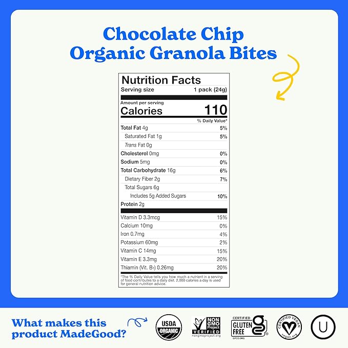 MadeGood Chocolate Chip Granola Bites, 28 Count, Organic and Delicious Snacks