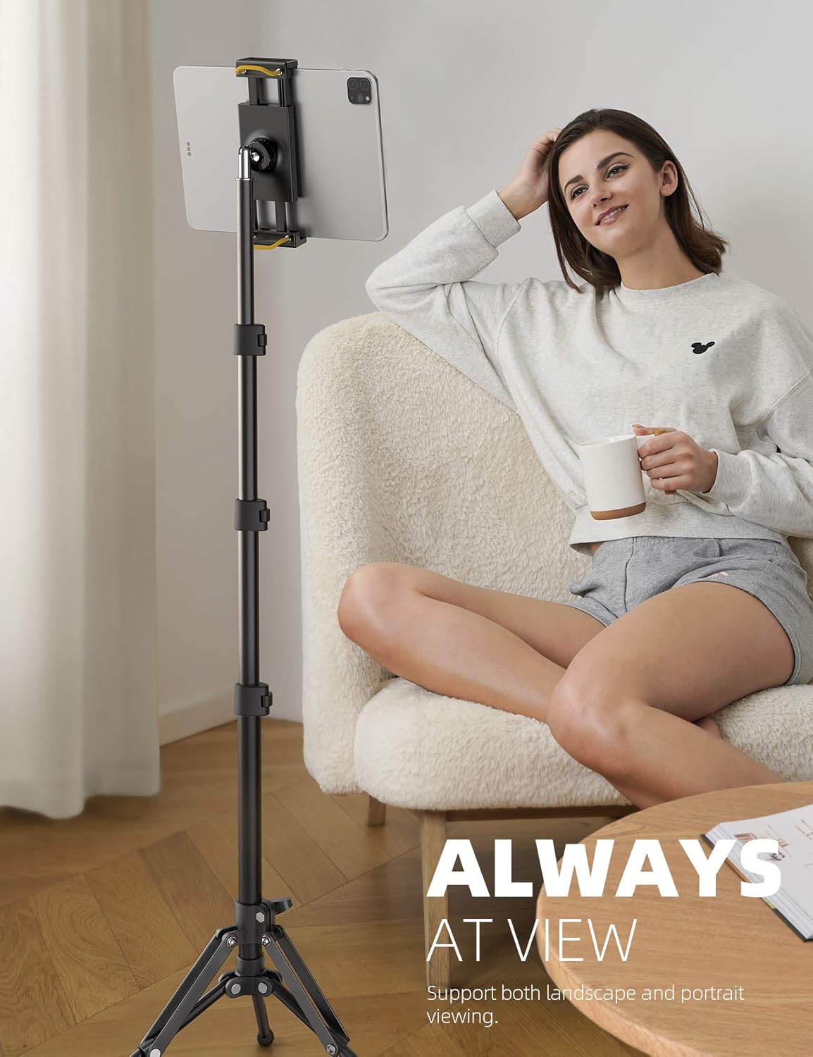 Lamicall Tablet Floor Tripod Stand - 64.9" Tablet Holder Mount with Adjustable Height for Stream/Watching with Bluetooth Remote, for iPad Pro 12.9, Mini, Air, iPhone and 4.7-13" Tablet and Cellphone