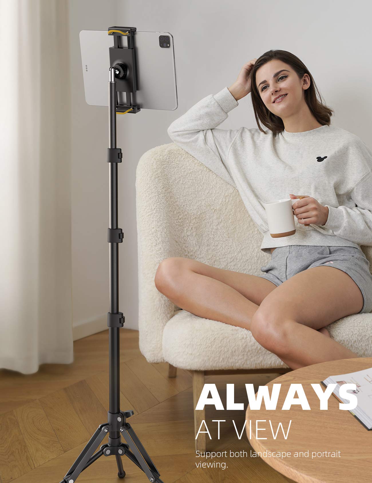 Lamicall Tablet Floor Tripod Stand - 64.9" Tablet Holder Mount with Adjustable Height for Stream/Watching with Bluetooth Remote, Gifts for iPad Pro 12.9/11" Mini, Air, iPhone, 4.7-13" Devices