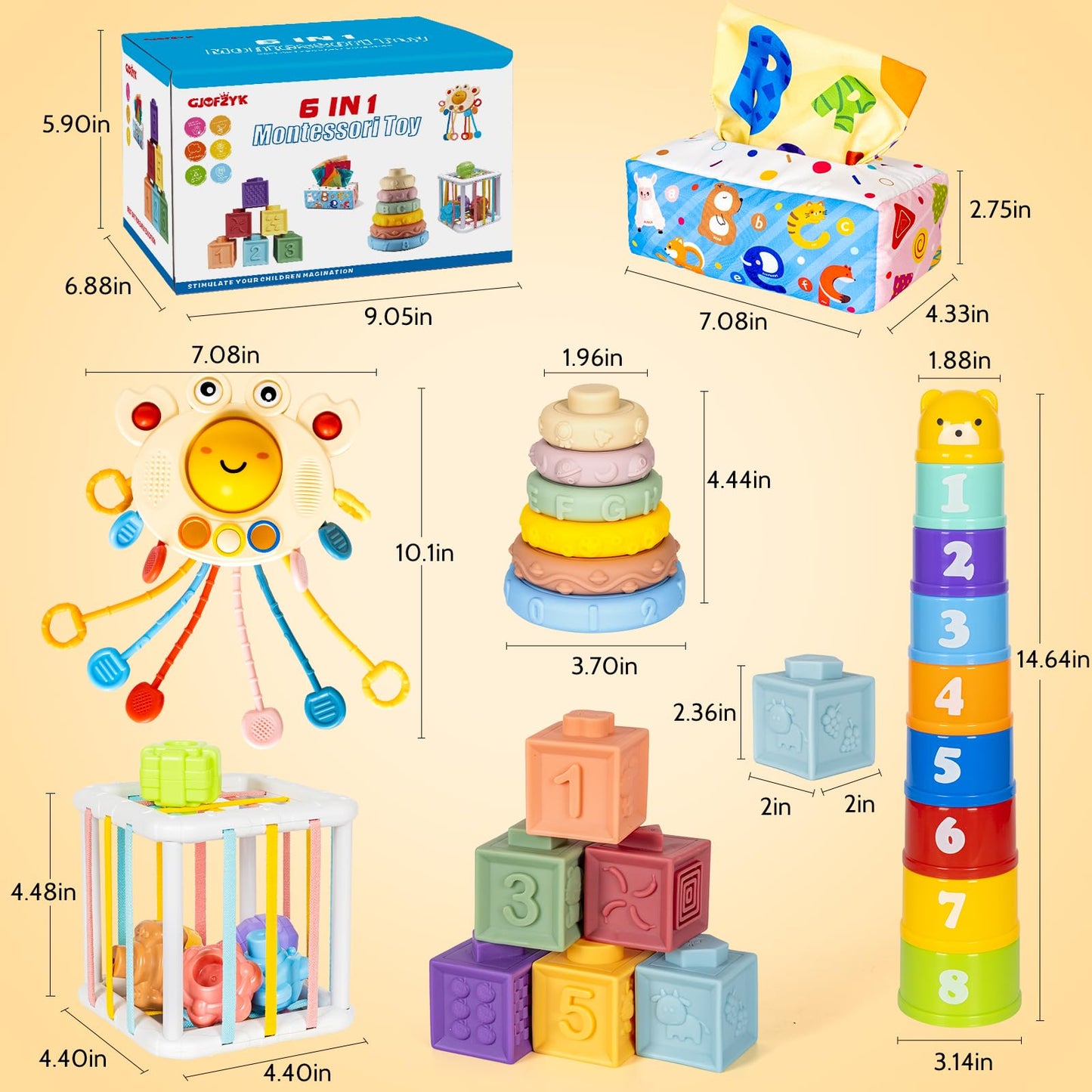GJOF2YK 6 in 1 Montessori Toys for Babies Newborn Stacking Block Soft Infant Ring Shape Learning Sensory Bin Pull String Teething Toy Tissue Box for Toddlers 18M+ 2 3 Year Old Boy Girl Gift