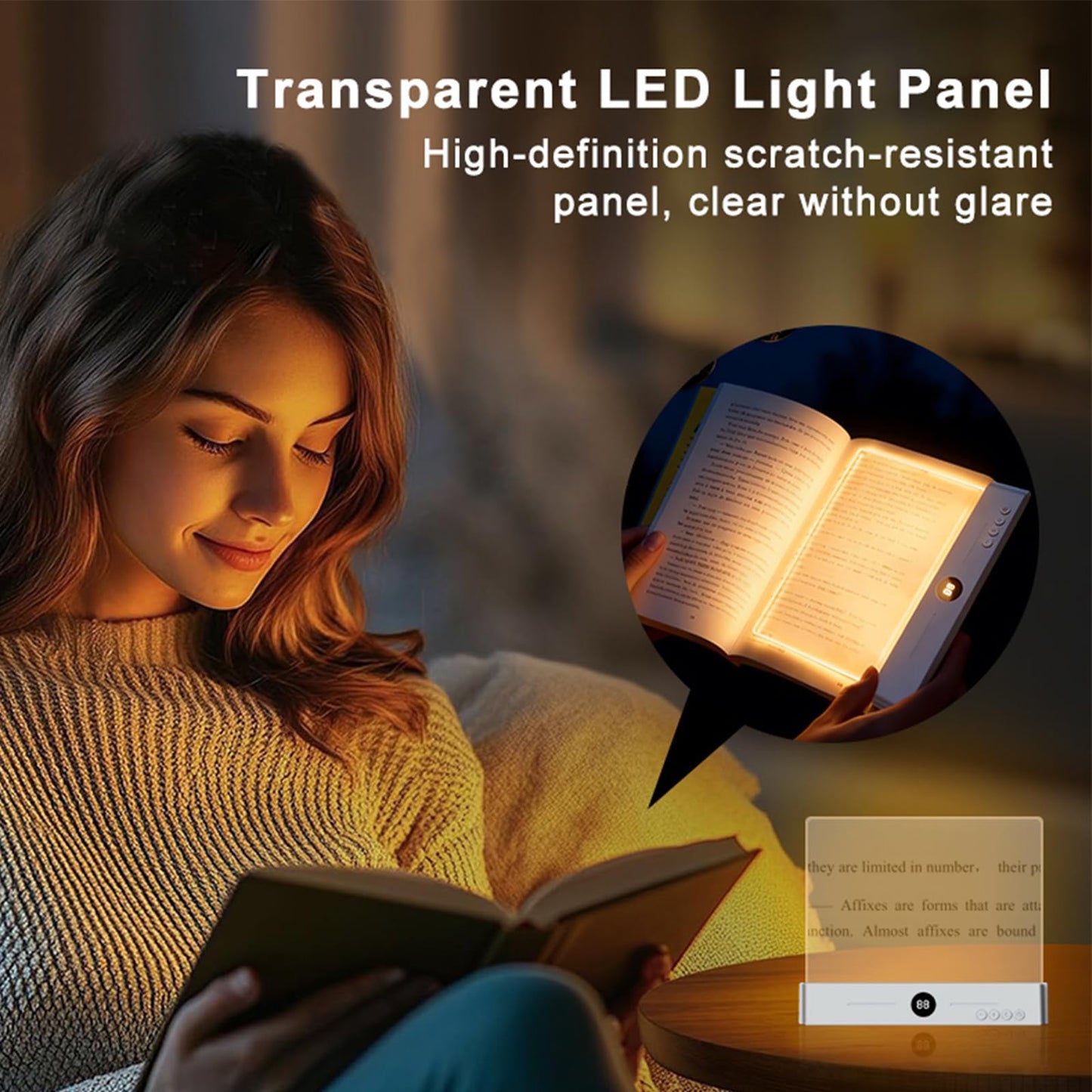 ECHBX Smart Flat Book Light, Rechargeable Clear LED Reading Light with 3 Colors & Timer, Dimmable Full Page Panel Plate Lamp, Kids Eye Protection for Night Reading in Bed