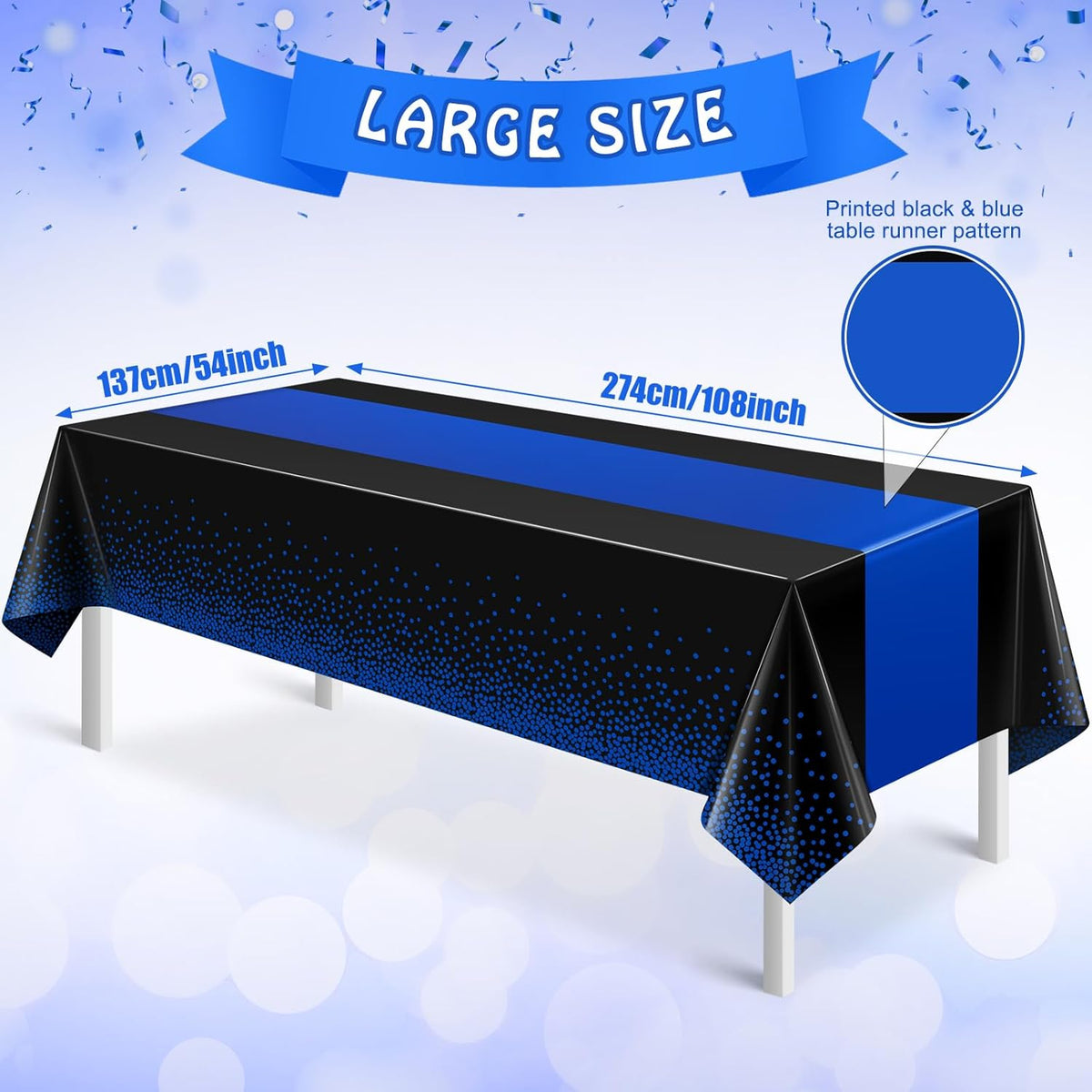 MASHAN 12Pcs Black and Blue Tablecloth Party Decorations,Plastic Black Table Cloth Printed Blue Runner Disposable Rectangle Table Cover for Birthday Wedding Anniversary Graduation Party,54 x108 Inch