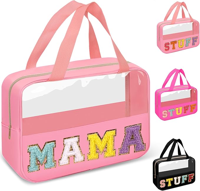 Chenille Letter Clear Makeup Bags Mama Tote, Preppy Patch Makeup Bag Zipper with Handle, Waterproof PVC & Nylon Portable Glitter Large Cosmetic Travel Toiletry Storage Bag for Women Girls(MAMA-Pink)