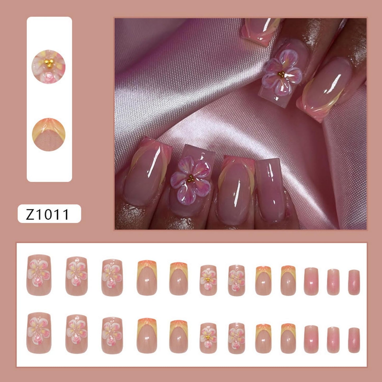 GRITOSE Pink Square Press-On False Nails with 3D Flower Design, 24 Pcs Set, Glossy Finish, Full Cover, Reusable, Summer Nails Art Kit for Women & Girls