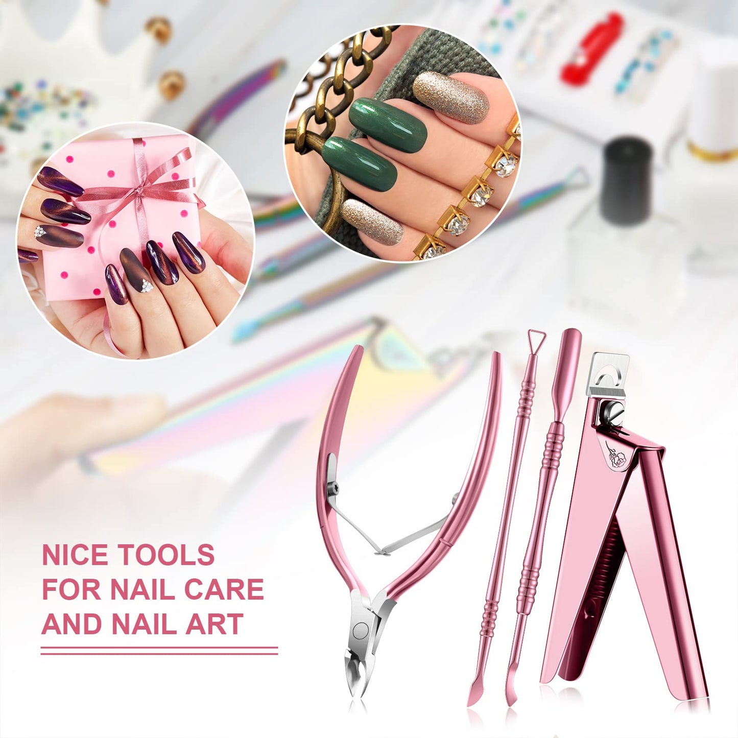 Mudder Acrylic Nail Clippers Kit False Nails Tips Cutter Professional Cuticle Trimmer Nipper Cutter Pusher Remover Stainless Steel Manicure Pedicure Art Tools Set Salon Home(Pink Rose)